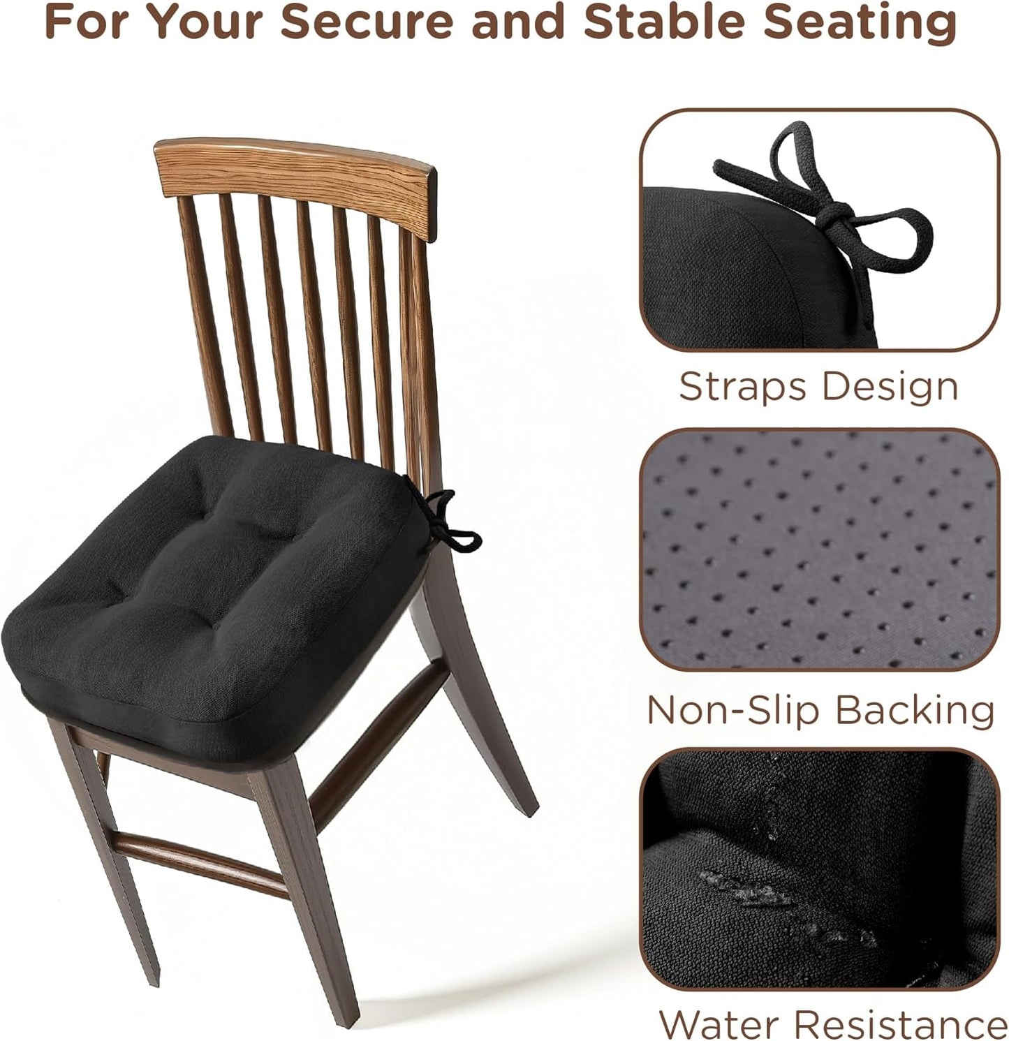 Codi Dining Chair Cushions 4 Pack, Thick Chairs Pads for Indoor Kitchen Room - Washable, Non-Slip Memory Foam Seat Cushion with Ties, 16.5"x16.5"x 3.5", Set of 4, Black