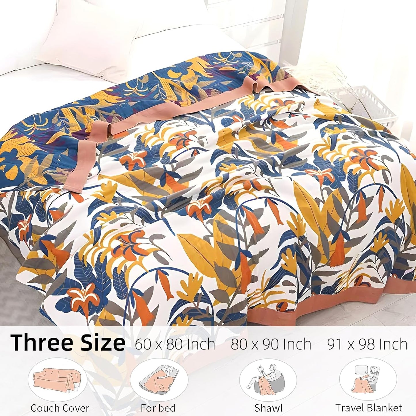 Boho Throw Blanket for Bed - 100% Pure Cotton Ultra Soft Rustic Quilt - Farmhouse Decor Bed Blankets, All Season Rustic Throw for Sofa Couch Chair(80''x 90'', Floral Sea)