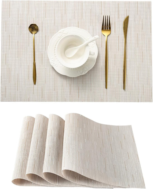 Leetaltree Pale Beige Placemats Set of 4 - Heat Resistant Non-Slip Place mats for Dining Table, Washable Durable PVC Vinyl Woven Table Mats（Pale Beige, 4）