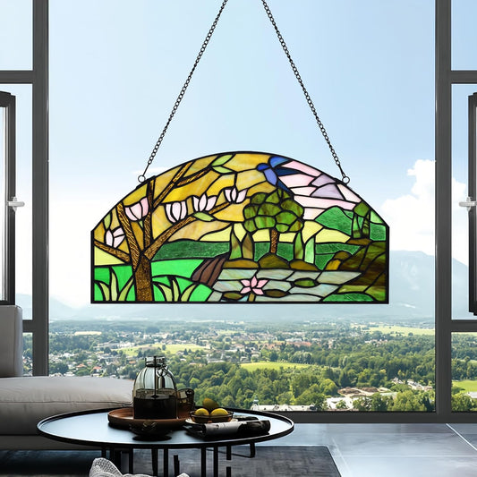 YOURANJU Half Moon Stained Glass Window Hanging Tiffany Style 16" x 8" Half-Round Window Panel Housewarming Gift Living Room Bedroom Kitchen Window Decorative Hangings with Chain (Tree)