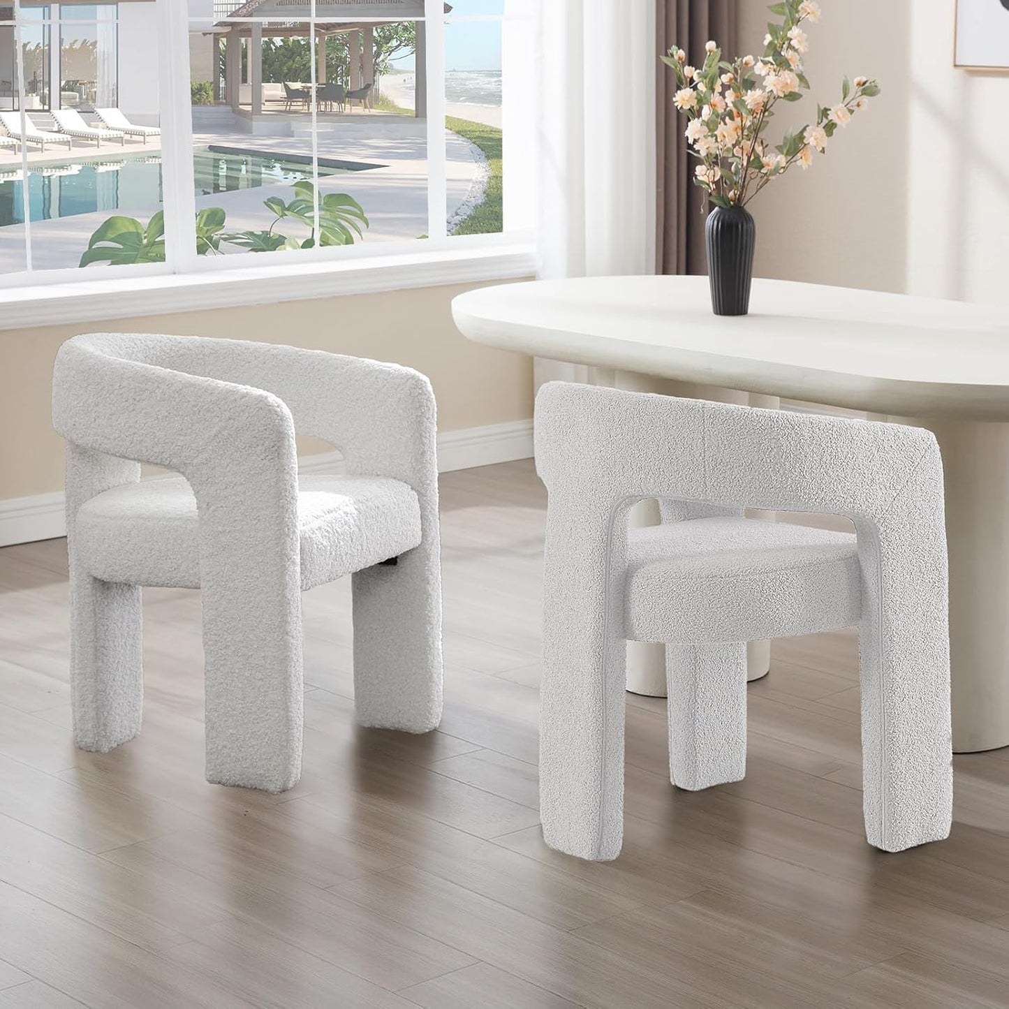 White Boucle Dining Chairs Set of 2, Modern Barrel Dining Room Chairs Upholstered Faux Fur Accent Chair with Arms and Round Back for Living Room Kitchen Armchair No Assembly Needed