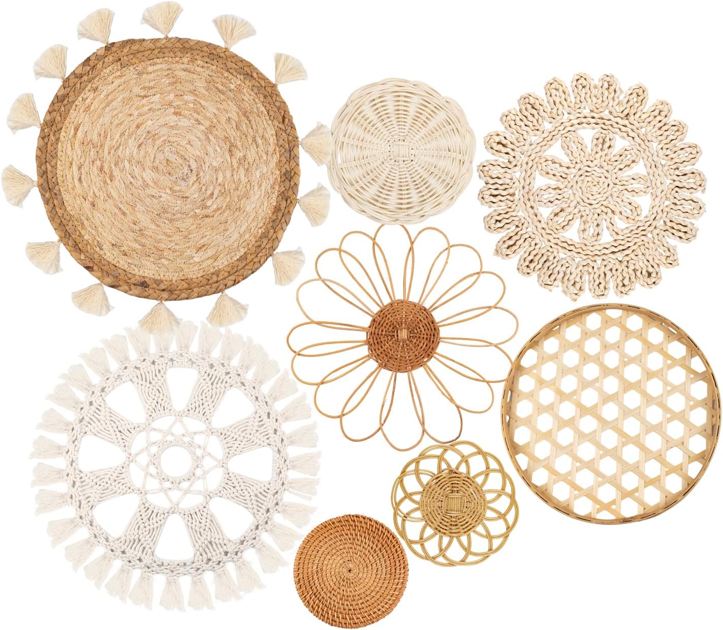 Boho Wall Basket Decor Set of 8 - Flat Woven Basket Wall Hanging Decor,Round Tassels White Macrame Tapestry Wall Decor Art,Handmade Rattan Wicker Seagrass Home Wall Baskets Decor（Boho Classic)