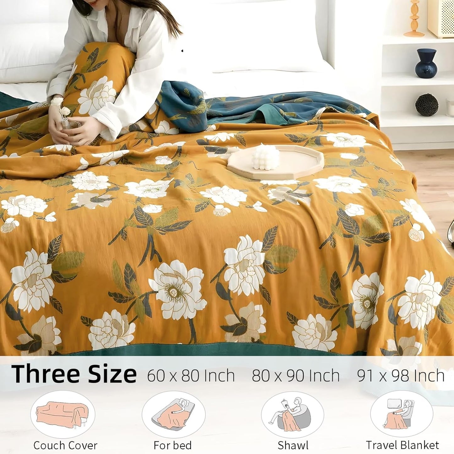 Boho Throw Blanket for Bed - 100% Pure Cotton Ultra Soft Rustic Quilt - Farmhouse Decor Bed Blankets, All Season Rustic Throw for Sofa Couch Chair(60"×80", Flower Branch 2)