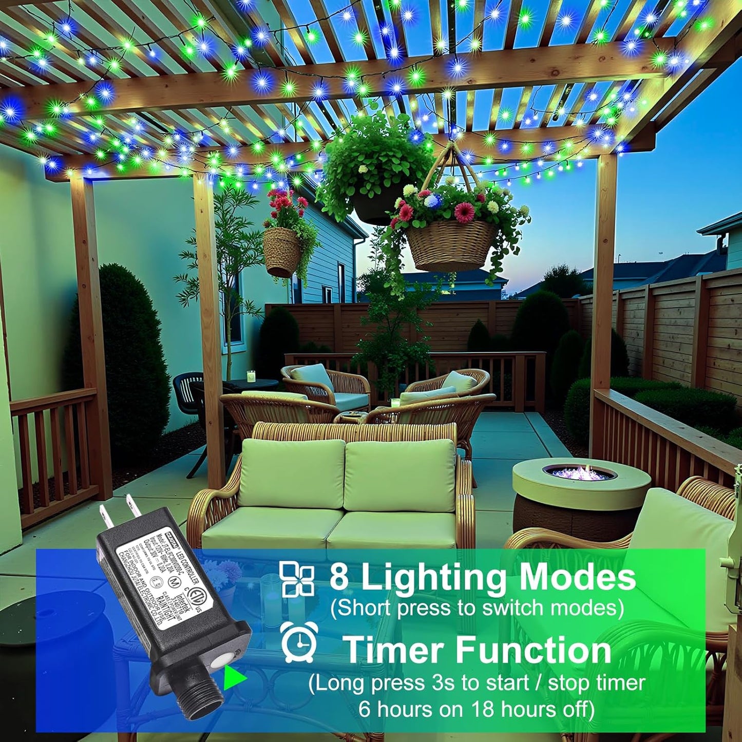 100FT 300 LED Christmas Lights Outdoor, Christmas Tree Lights with 8 Modes Waterproof, Plug in Green Wire String Twinkle Light for Indoor Xmas House Patio Yard Decorations, Blue Green