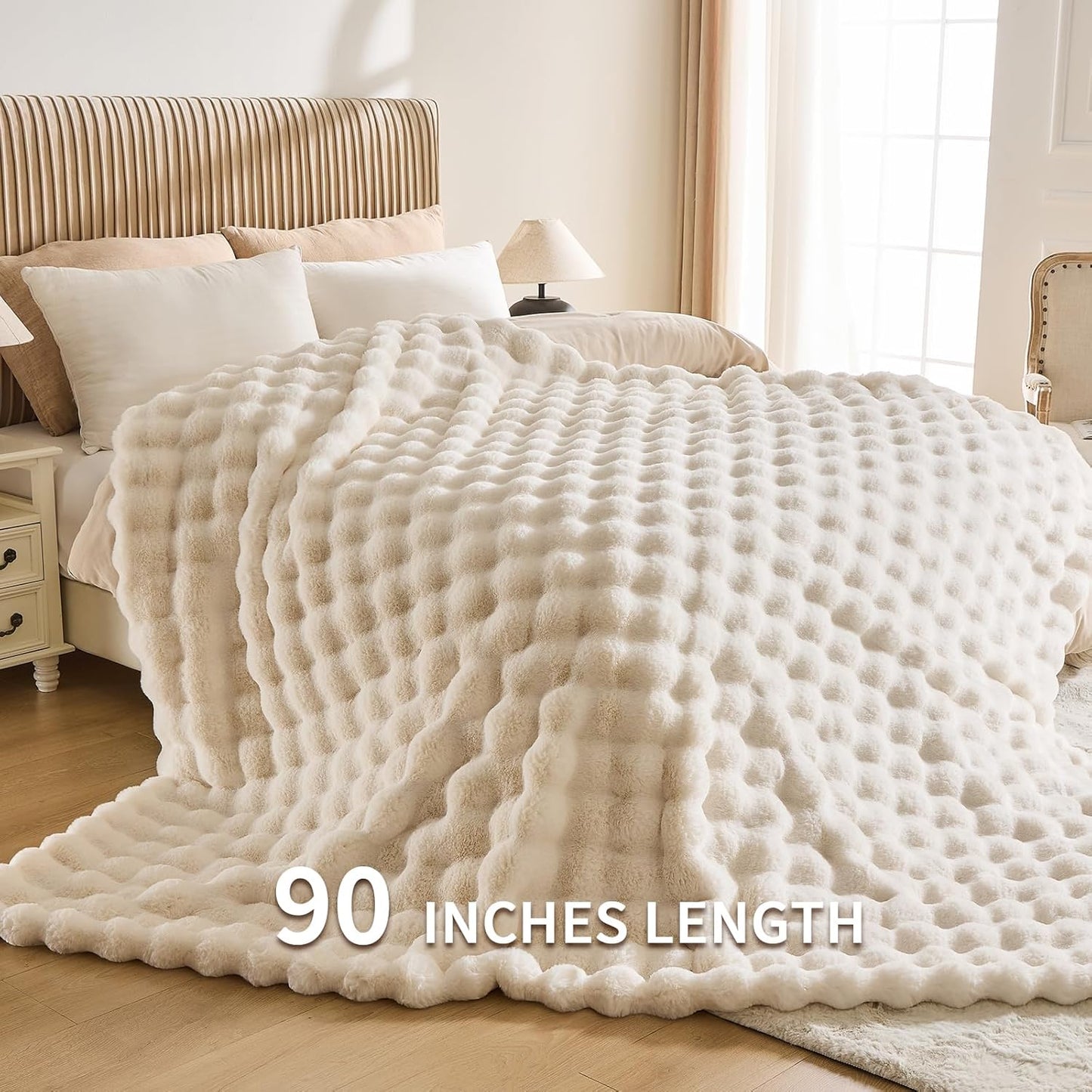 Cozy Faux Fur Throw Blanket for Bed-Warm Fuzzy Throw Blanket, Soft Plush Thick Bubble Blankets for Bedroom and Living Room, Furry Luxury Blanket, 90 x 90, Cream