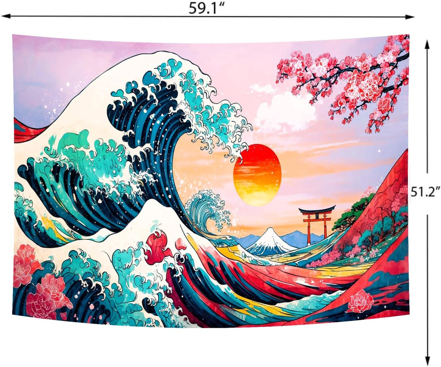 Delur Great Wave Tapestry Japanese Sunset Ocean Sea Wave Off Kanagawa Tapestry Wall Hanging Vintage Asian Anime Cherry Blossom Nature Headboard for Bedroom Living Room Home Decor (51.2" x 59.1")