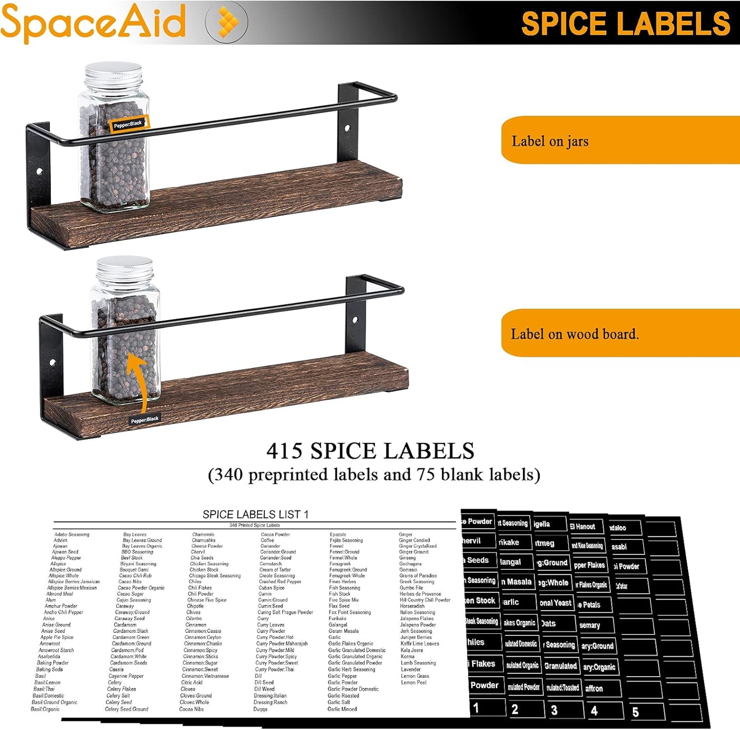 SpaceAid Spice Rack Organizer for Cabinet Door or Wall Mount (4 Pack) with 415 Spice Labels - Wood Hanging Seasoning Shelf for Cupboard Pantry or over the Stove