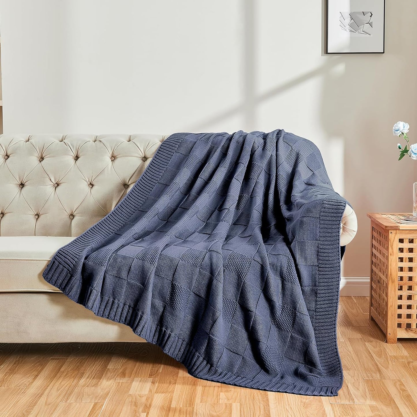 CozeCube Check Knit Throw Blanket, Steel Blue Checkered Throw for Couch, Decorative Christmas Soft Cozy Warm Knitted Blanket for Bed Sofa Living Room, 60"X80"