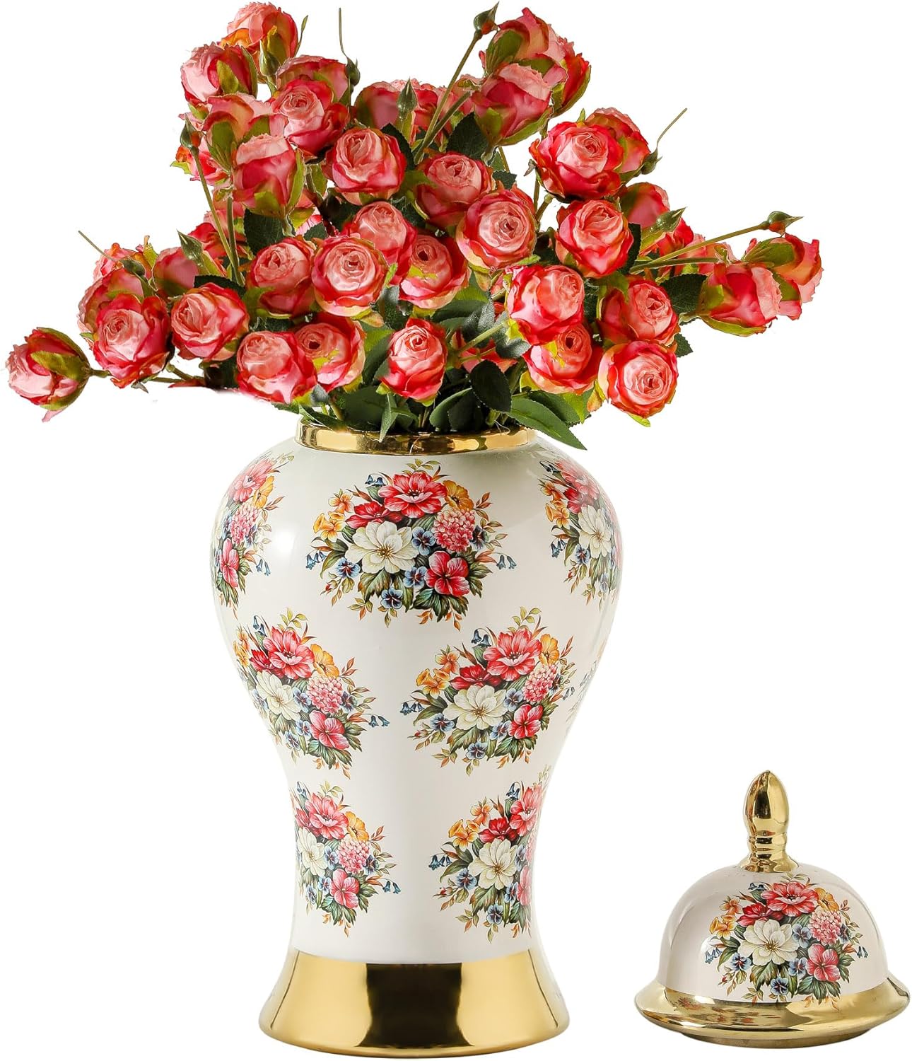 Ginger Jars for Home Decor, White Gold Ceramic Vase with Colorful Floral Pattern, Handmade Decorative Flower Vase with Lid for Home, Kitchen, Office, Table, Bookshelf, Mantle Fireplace,(18in)