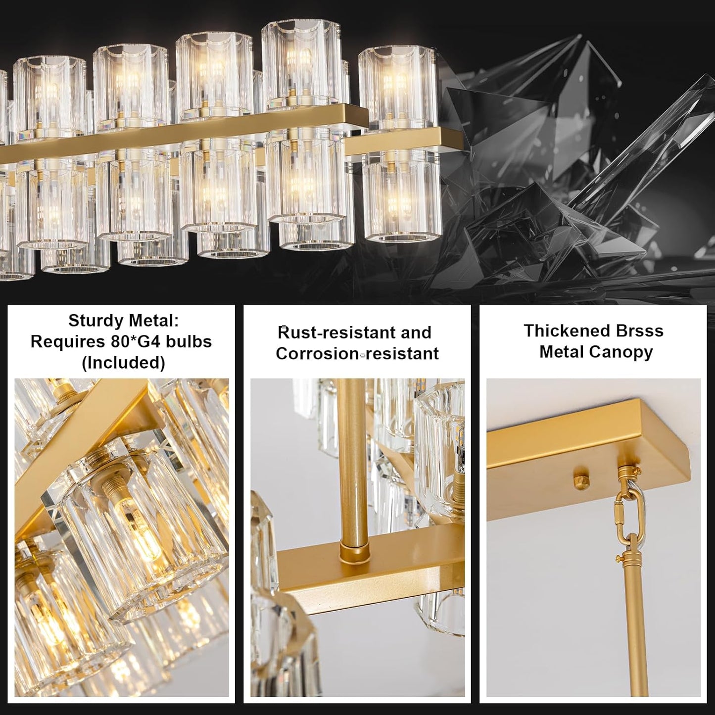 Crystal Brass Rectangular Chandelier Light Fixture,72 in Dining Room Chandeliers Over Table,Modern Chandelier For Living Room,Arcachon Chandeliers,Kitchen Island Chandelier,Includes 80xG4 Bulbs