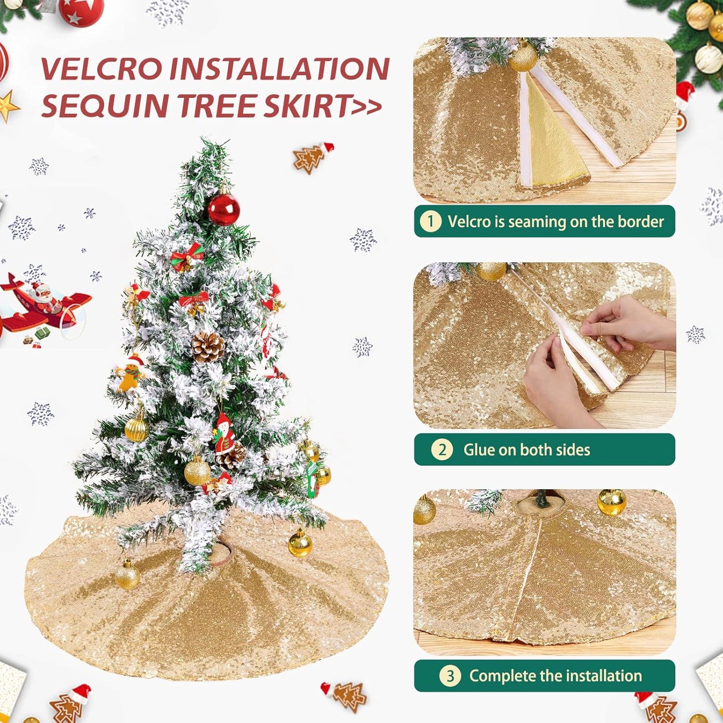 Champagne Gold Christmas Tree Skirt 48 Inch Sequin Large Tree Skirt for Christmas Decorations