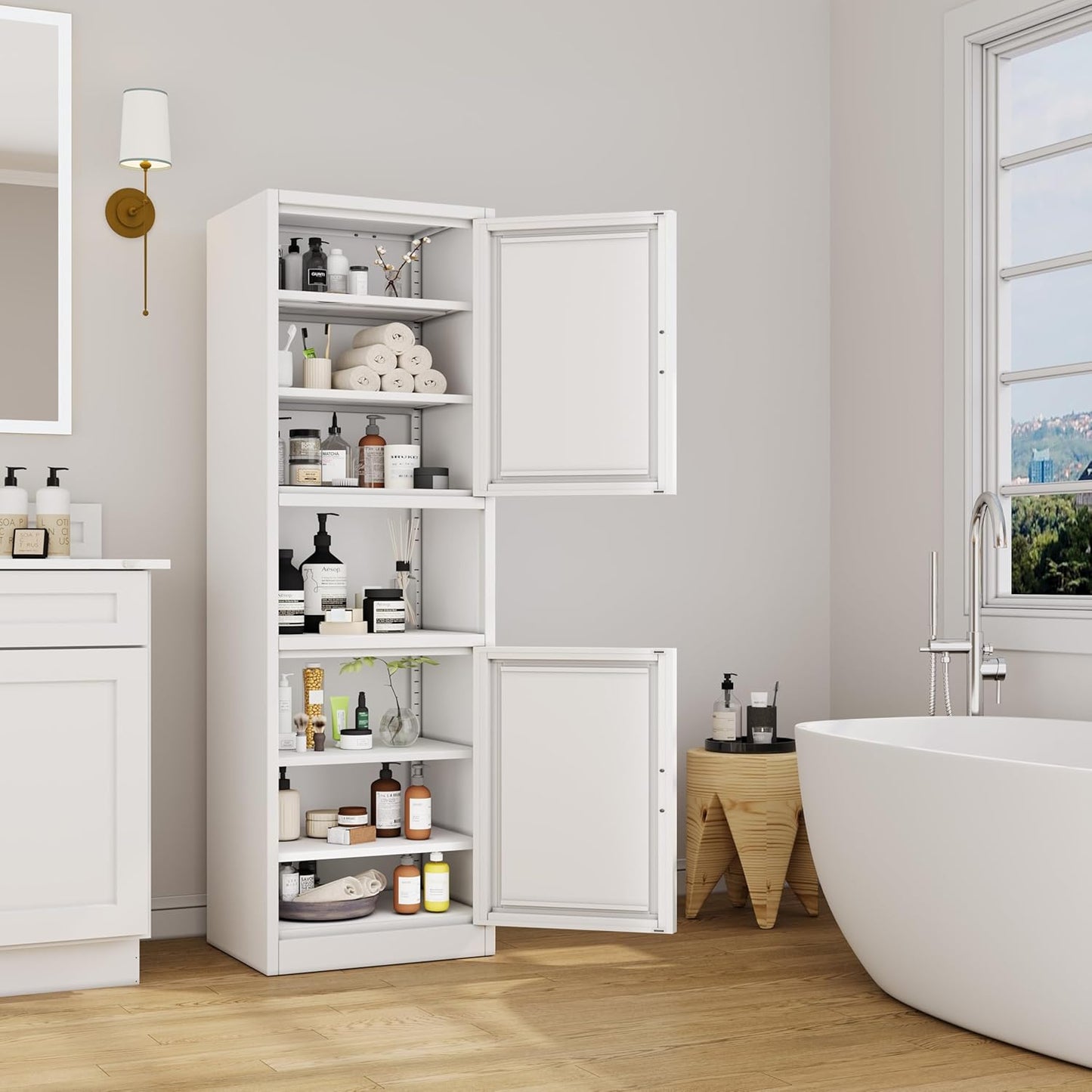 Tall Narrow Storage Cabinet 66.93" H Tall Bathroom Cabinet Metal Pantry Cabinets, 4 Adjustable Shelves for Kitchen, Home Office, Living Room, Dinning Room (20 inches Wide White)