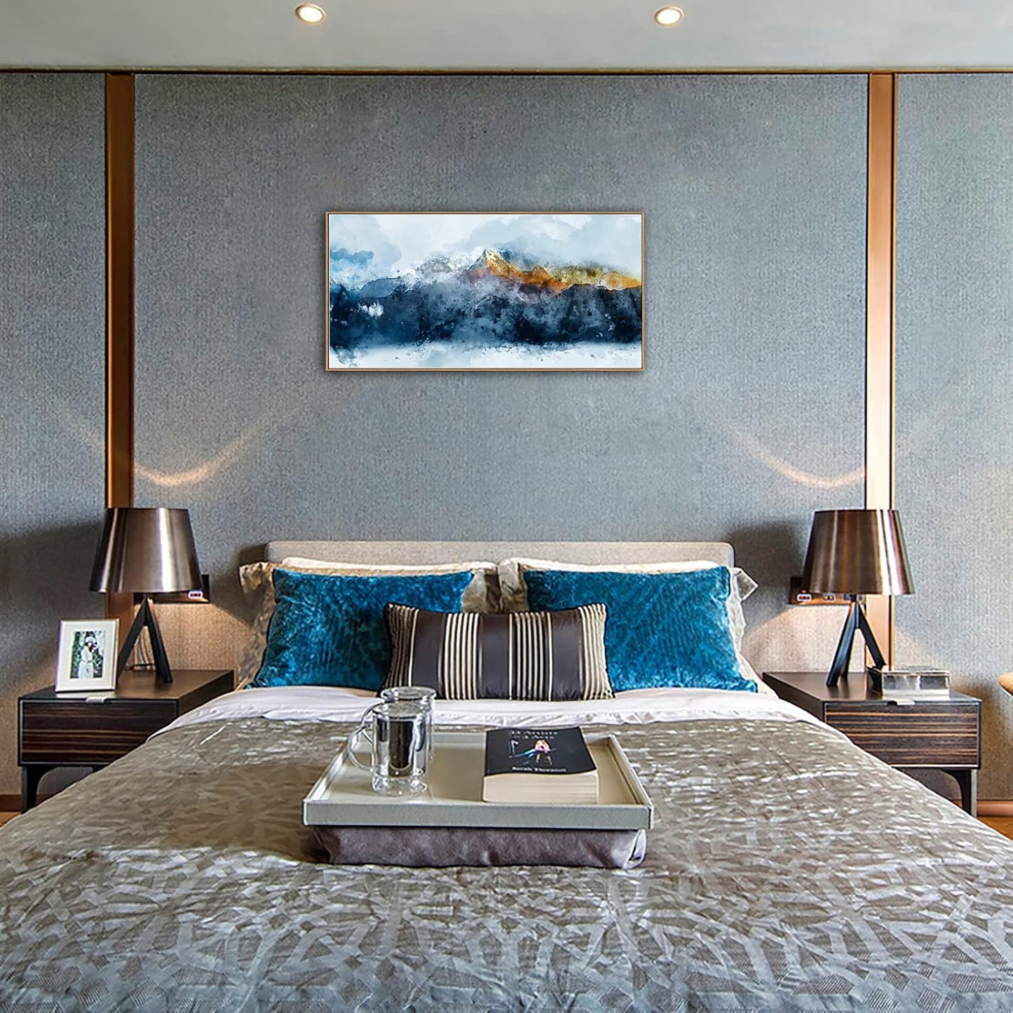 Framed Canvas Wall Art Indigo Abstract Mountain Pictures Wall Decor Blue Grey Orange Mountain Peaks Canvas Painting Prints Modern Abstract Artwork for Living Room Bedroom Decoration 24" x 48"