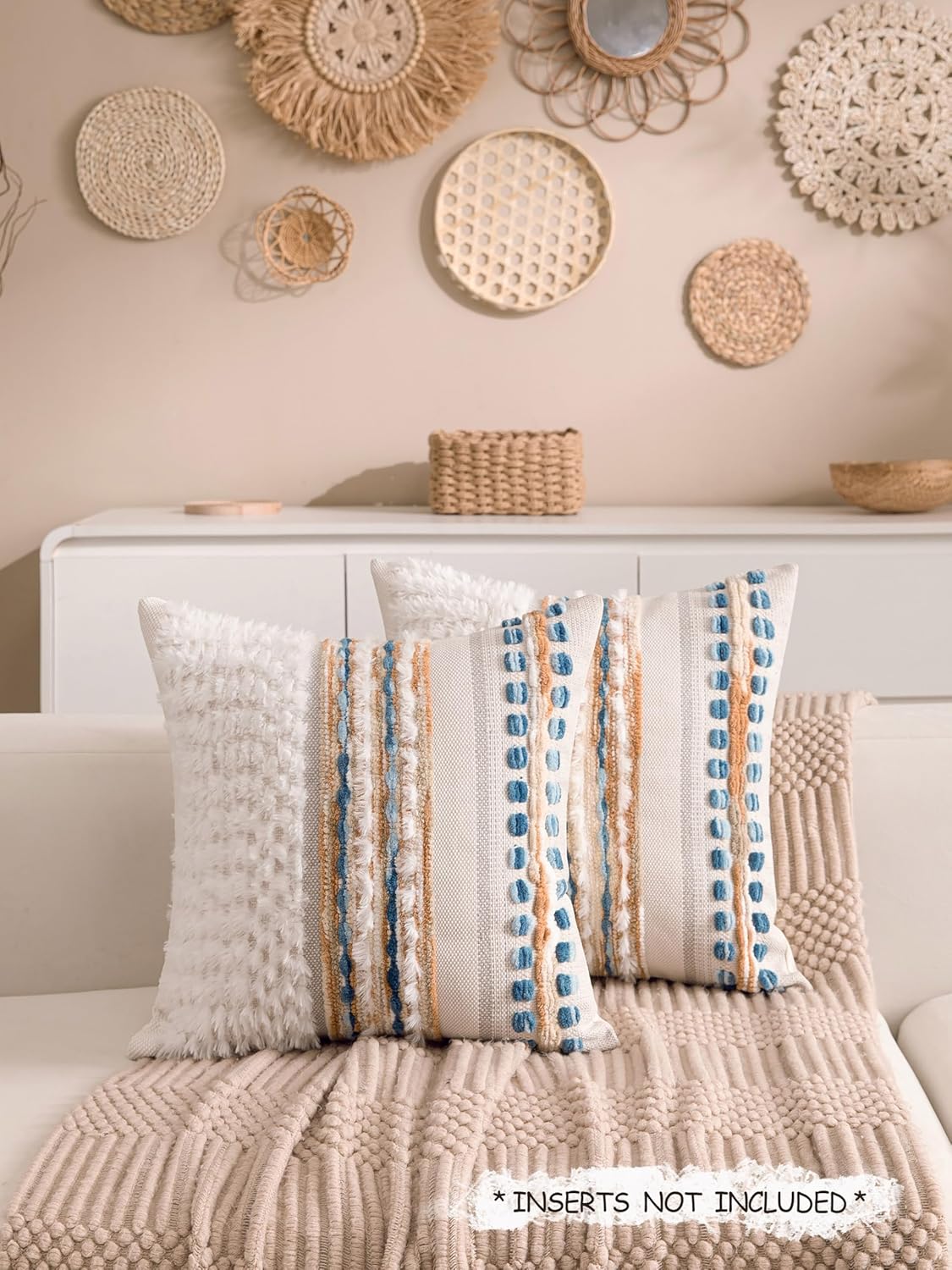 Boho Chenille Tufted Couch Throw Pillow Covers 18x18 Inch Set of 2 Farmhouse Striped Decorative Pillow Covers Accent Neutral Pillowcase Caramel Brown Blue Cushion Cover for Livingroom Sofa Bed