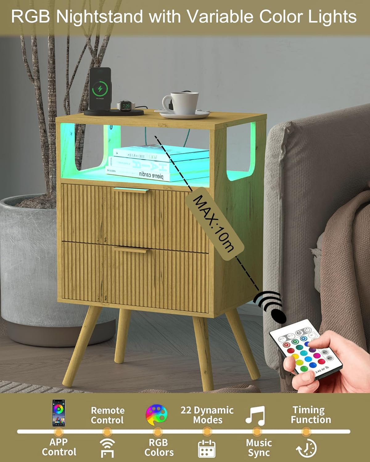 Nightstand with Charging Station and LED Lights,Modern Bedside Table with 2 Storage Drawer and Open Wood Shelf, for Bedroom and Small Spaces,Night Stand with Solid Wood Legs (Yellow Oak)