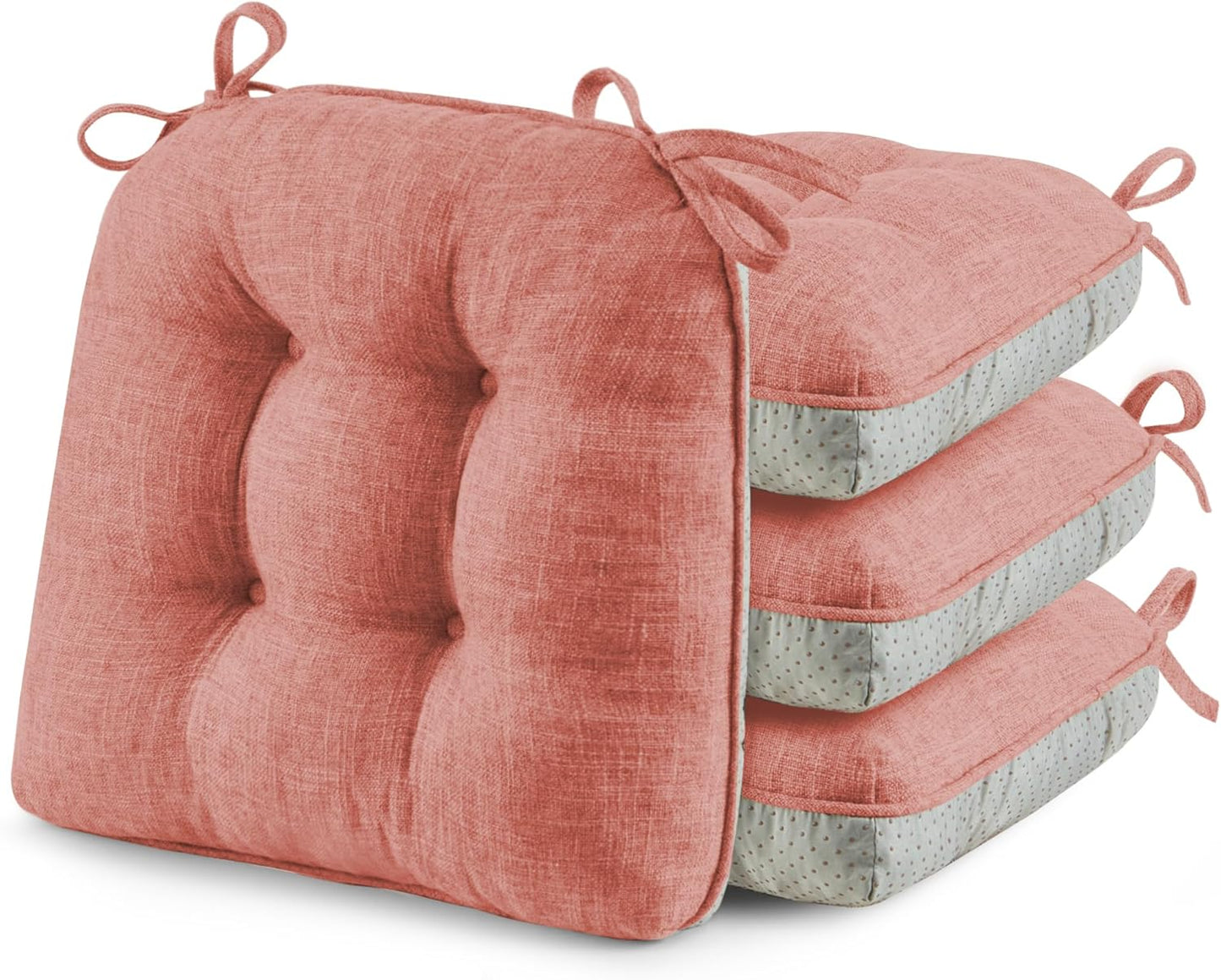 puredown® Chair Cushions for Dining Chairs, Tufted Memory Foam Chair Pads with Non-Slip Backing, Kitchen Seat Cushions with Ties, Washable Seat Pads Set of 4, 15.5" x 15.5" x 4", Pinky