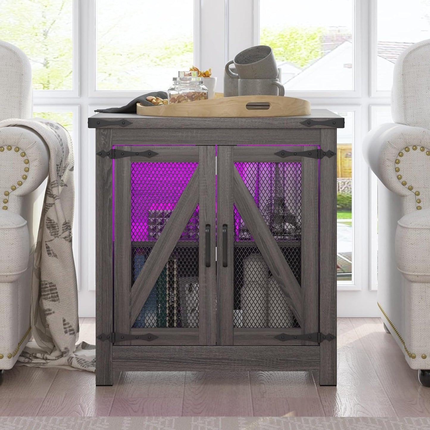 Farmhouse End Table, 24" Large Sofa Side Table with Charging Station, Mesh Barn Door, and Adjustable Storage Shelf, Rustic Wood Square Nightstand for Living Room, Bedroom, Office, Grey