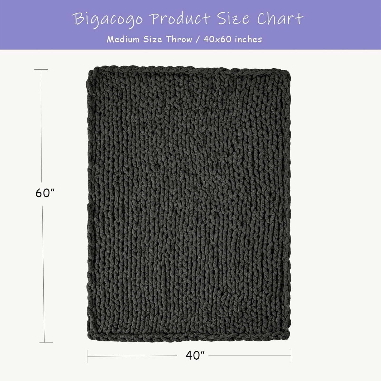 Bigacogo Chunky Knit Throw Blanket for Couch, 40x60 inches, 100% Hand Knitted with Thick Jumbo Chenille Yarn, Cozy Soft Large Rope Knot Cable Crochet Blankets for Sofa Bed Living Room, Dark Grey