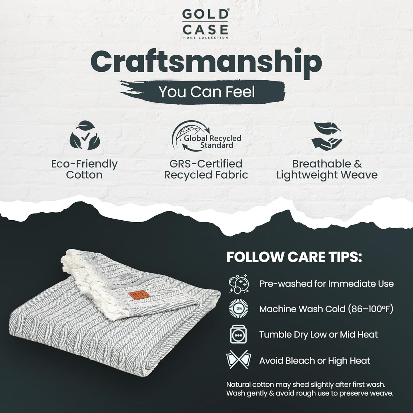 Gold Case Throw Blanket for Couch – 100% Recycled Turkish Cotton Blankets & Throws – Elegant Decorative Throw Blankets for Living Room Sofa – Woven Throws for Couch – Vintage Grey – 50x60