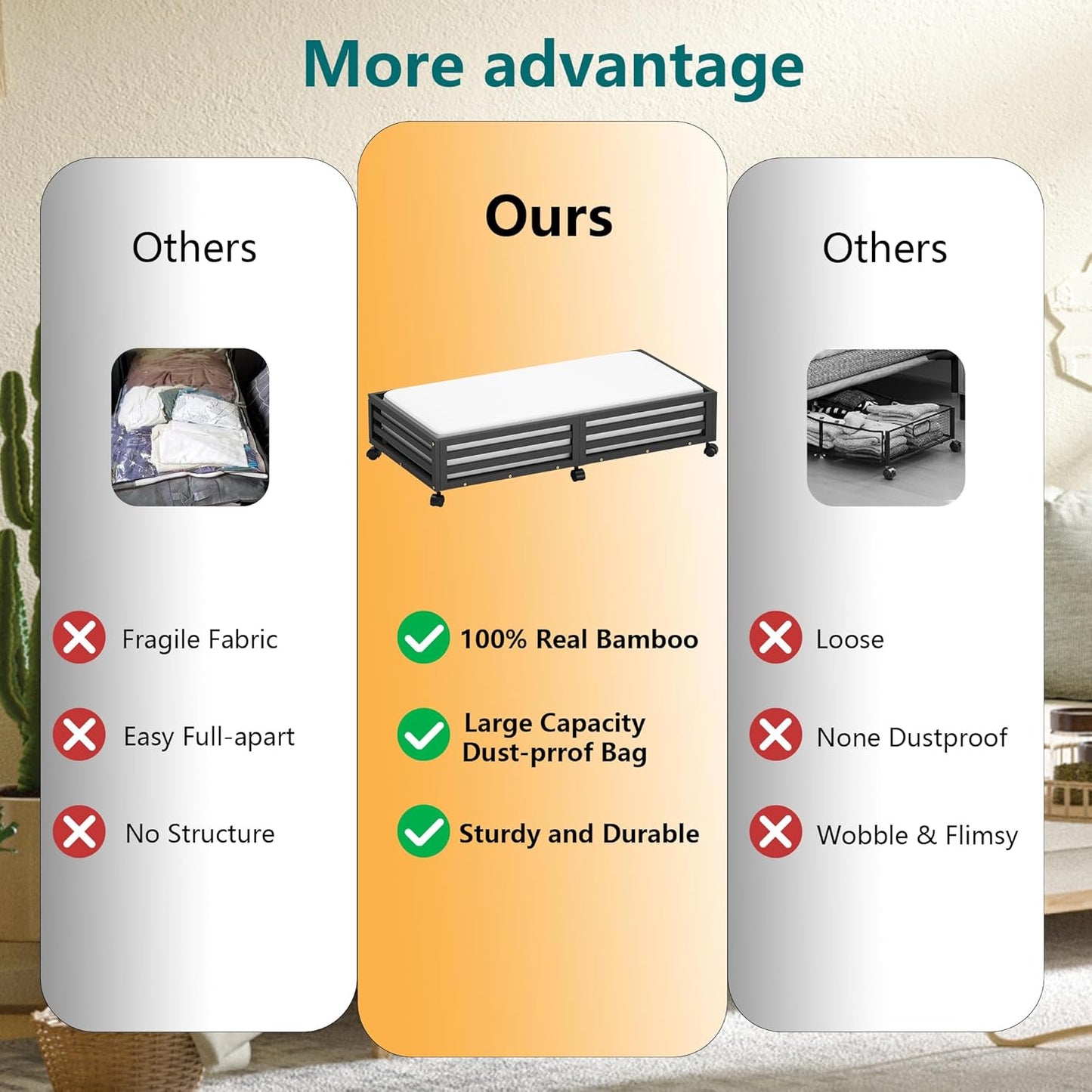 Bamboo Under Bed Storage Containers- Underbed Organizer with Wheels with Large Dust Bag,Sturdy Wood Rolling Under the Bed Shoe Storage Organizer Drawer 2 Packs (Black, Long)