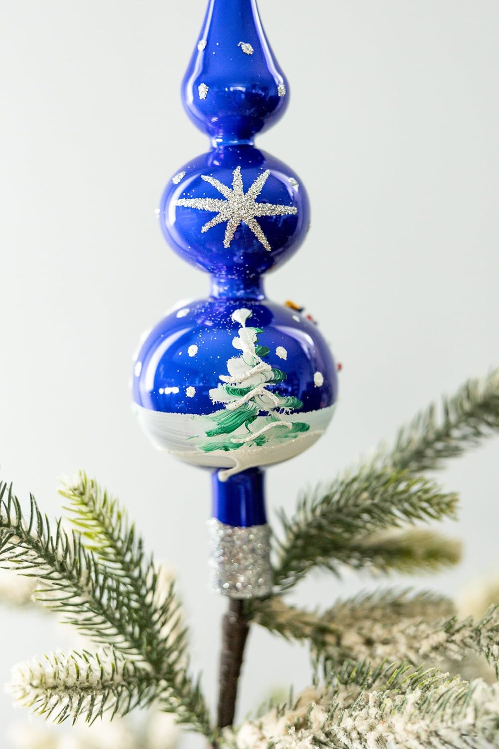 Christmas Tree Topper Spitz Glass Mouth Blown Hand-Decorated Embellishments (Midnight Blue, 12 inch)