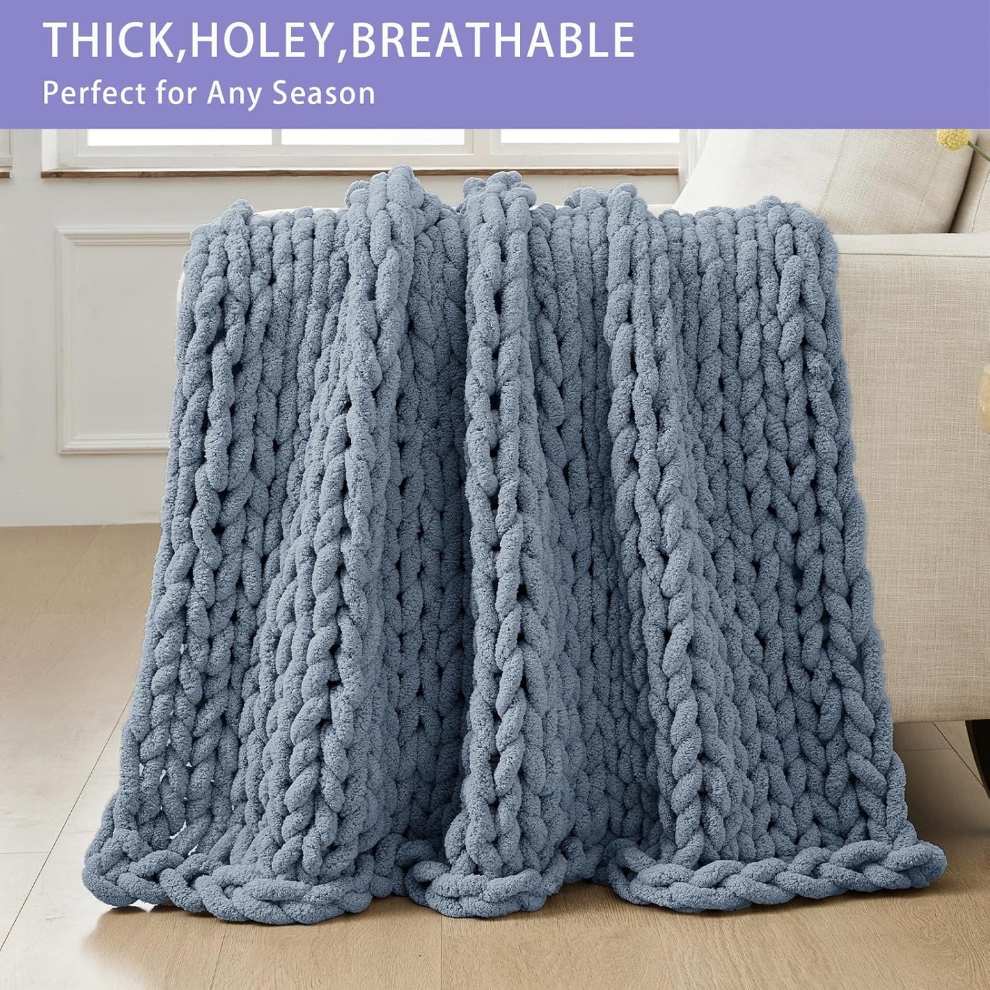 Bigacogo Chunky Knit Throw Blanket for Couch, 51x63 inches, 100% Hand Knitted with Thick Jumbo Chenille Yarn, Cozy Soft Large Rope Knot Cable Crochet Blankets for Sofa Bed Living Room, Cold Sea Blue