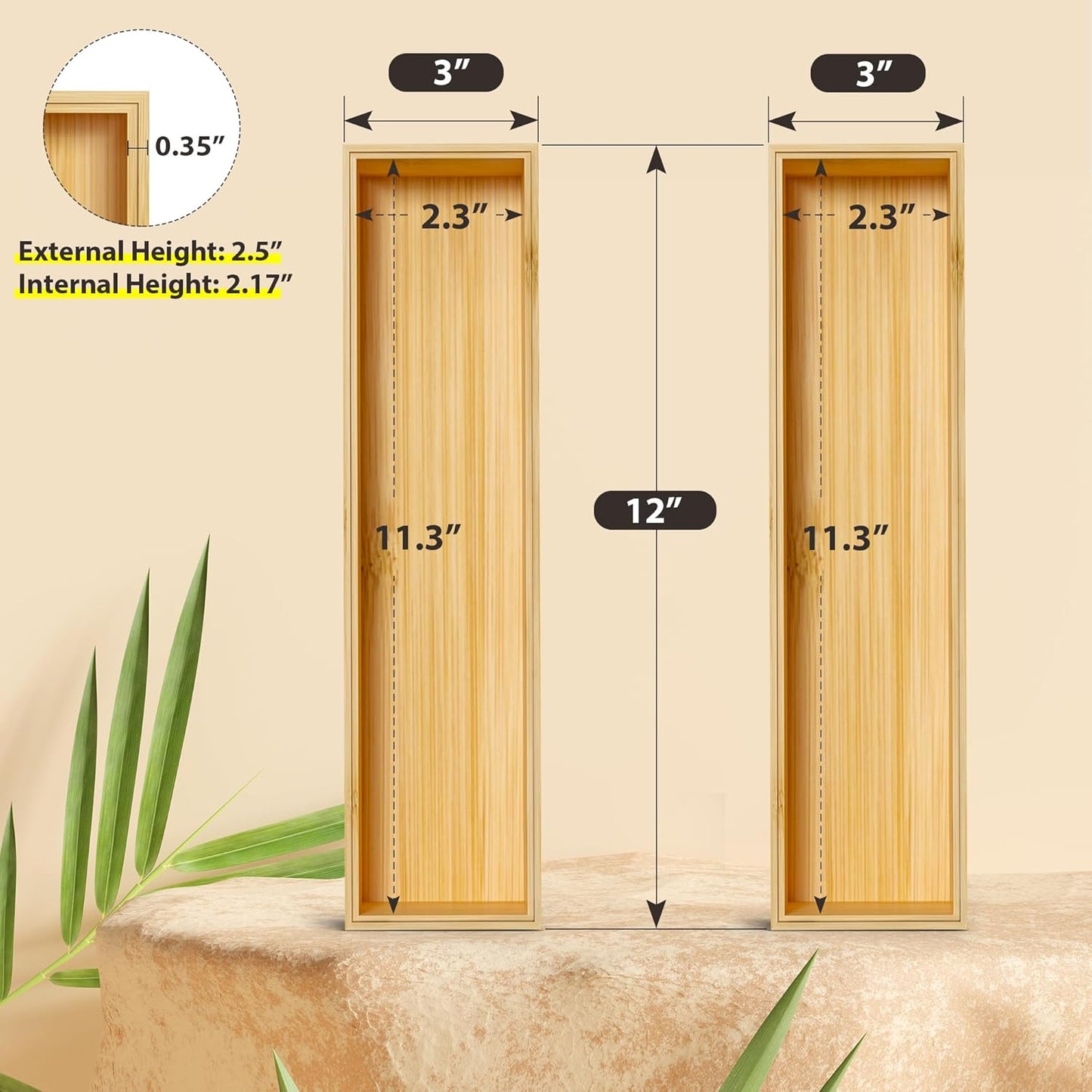 Kitchen Drawer Organizer Bins, Stackable Bamboo Deep Drawer Organizer for Silverware, Utensils, Cutlery, Flatware, Junk Drawer, Dresser, Bathroom, 12" x 3" x 2.5" (Set of 2)