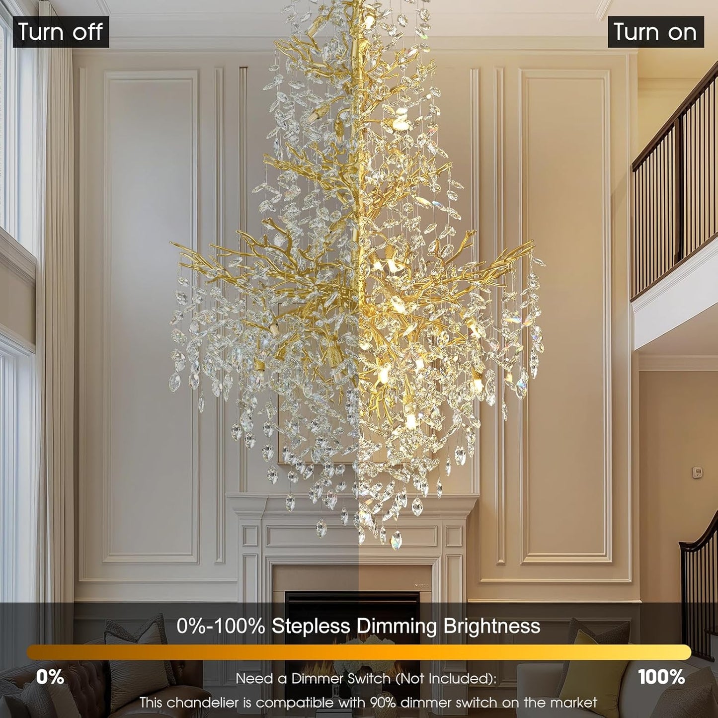 H61'' Modern Gold K9 Crystal High Ceiling Chandeliers, 23-Lights Staircase Chandeliers,Luxury Large Crystal Tree Branch Chandelier, D40'' Foyer Chandelier,For Living Room,Entryway,Dining Room