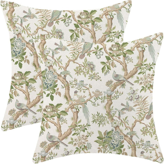 CXMEIFLY Chinoiserie Spring Pillow Covers 18 x 18 Inch Set of 2 for Sage Green Blue Vintage Flowers Bird Decor Throw Pillows Plant Farmhouse Outdoor Decorative Cushion Cases for Couch Bed Decorations