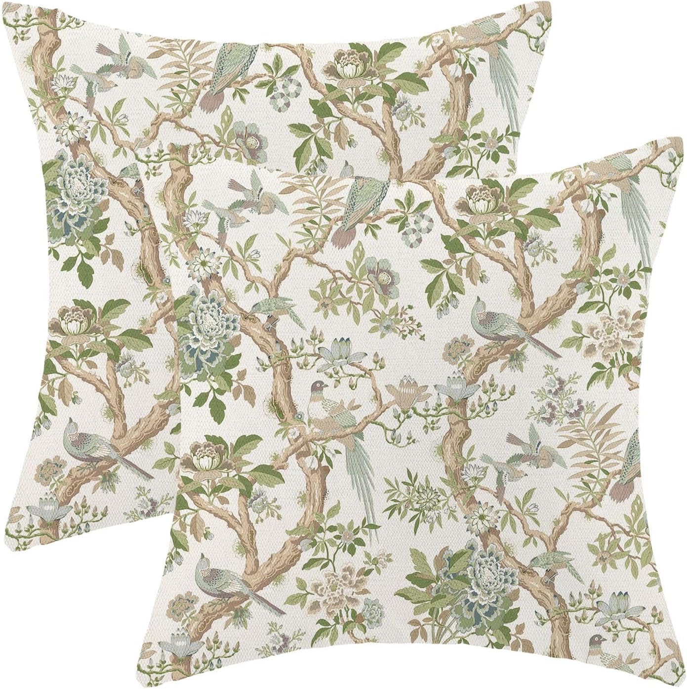 CXMEIFLY Chinoiserie Spring Pillow Covers 20 x 20 Inch Set of 2 for Sage Green Blue Vintage Flowers Bird Decor Throw Pillows Plant Farmhouse Outdoor Decorative Cushion Cases for Couch Bed Decorations