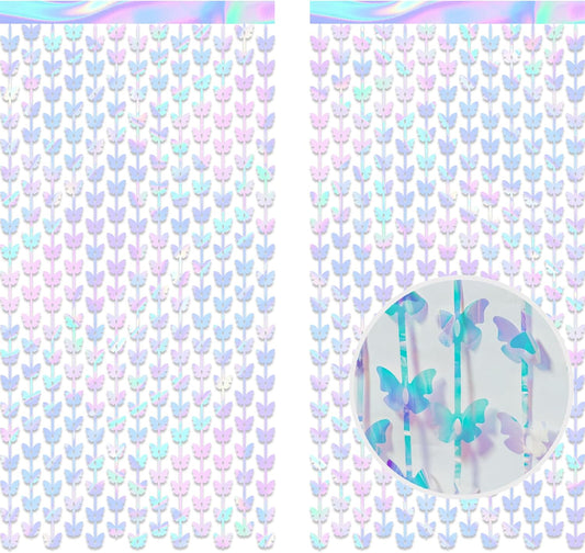 Iridescent Butterfly Fringe Party Backdrop - GREATRIL Fairy Streamers for Butterfly Princess Themed Birthdays Party Decoration - 3.2ft x 6.5ft - 2 Packs
