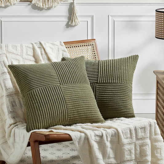 Fancy Homi 2 Packs Olive Green Euro Decorative Throw Pillow Covers 28x28 Inch Room Couch Bed, Rustic Farmhouse Boho Home Decor, Soft Corss Corduroy Patchwork Textured Cushion Case 71x71 cm