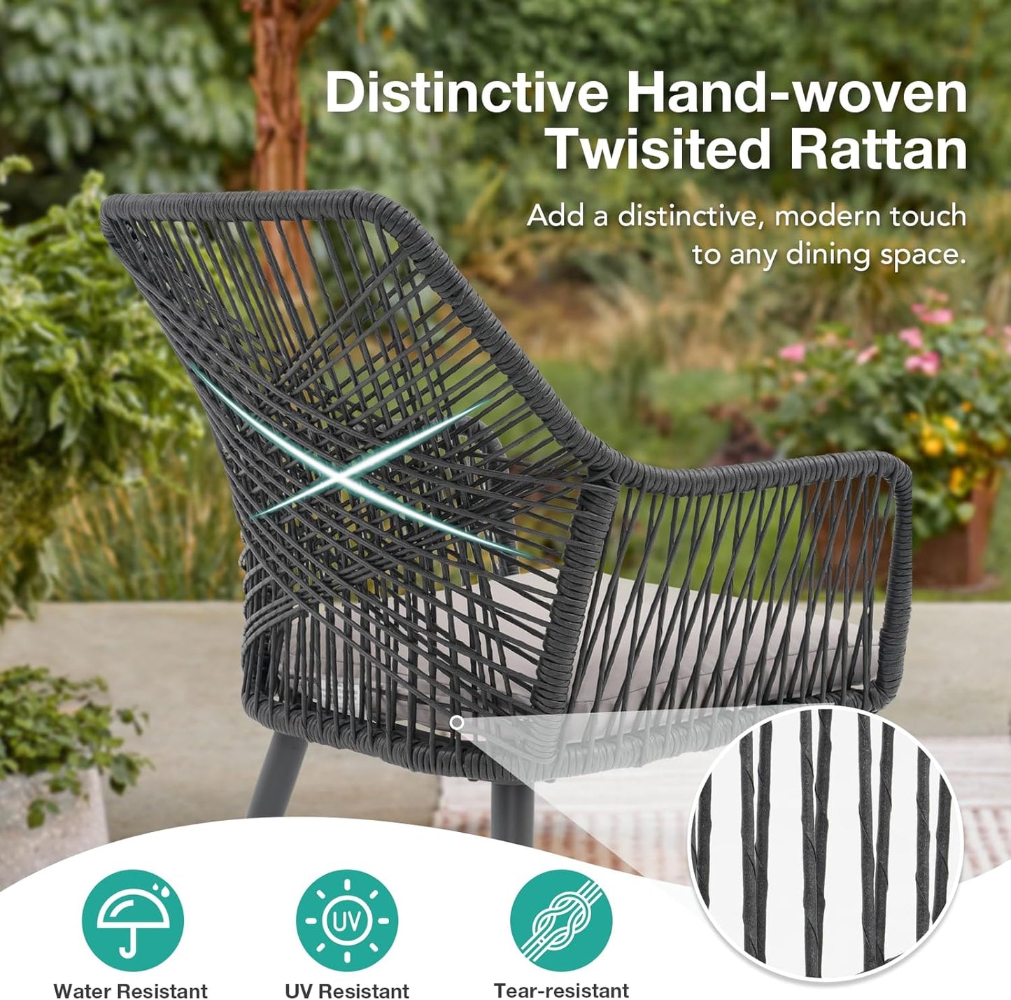 Patiorama Patio Dining Chair Set of 4, Woven Rope Outdoor Dining Chairs w/Steel Frame, All-Weather Twisted Rattan Chairs w/Armrest & Cushion, Outdoor Dining Wicker Chairs for Backyard Garden(Black)