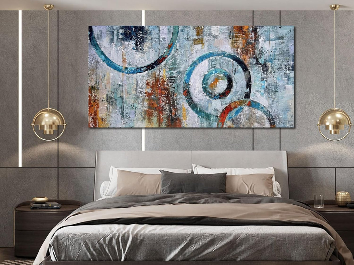 Arjun Abstract Wall Art Geometric Canvas Circle Painting Modern Grey Brown Picture Simple Artwork Framed for Bedroom Living Room Bathroom Home Office Wall Décor, Large Size 48"x24"