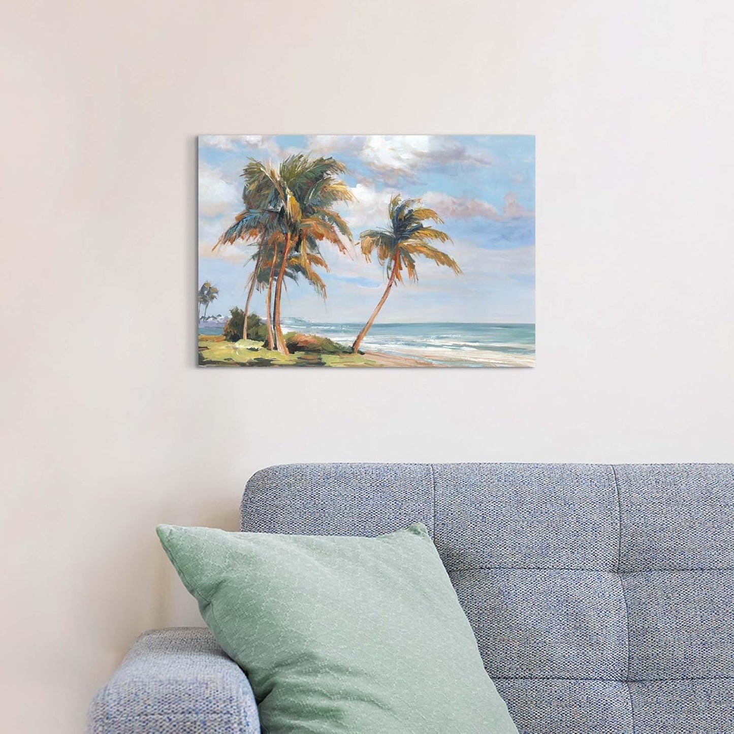 cozy country Palm Tree Wall Art 16"x11" - Coastal Pictures Beach Canvas Ocean Decor - Nautical Artwork Seascape Painting for Bathroom, Bedroom, Sea House