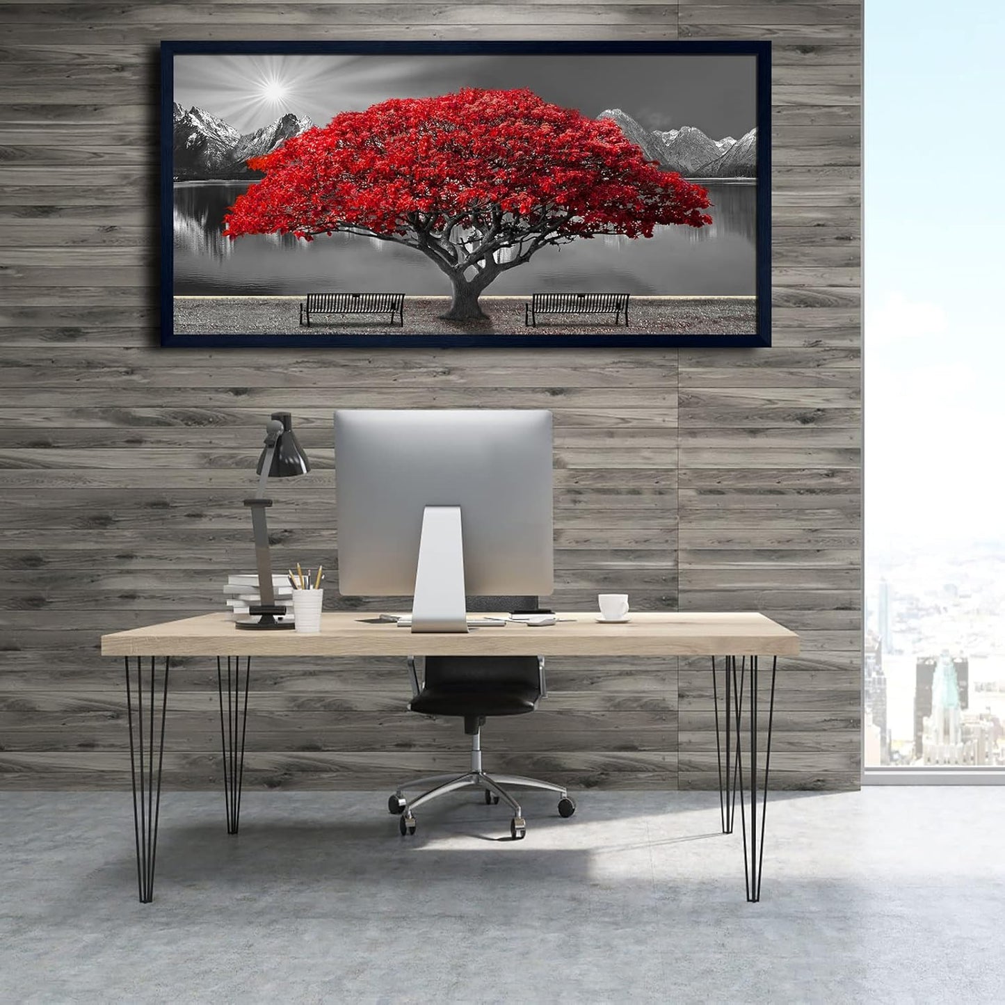 Black and White Red Tree Wall Art Canvas Print Picture Large Red Tree Landscape Modern Artwork for Living Room Bedroom Office Home Wall Decor With Frame 29X58inch Black Framed