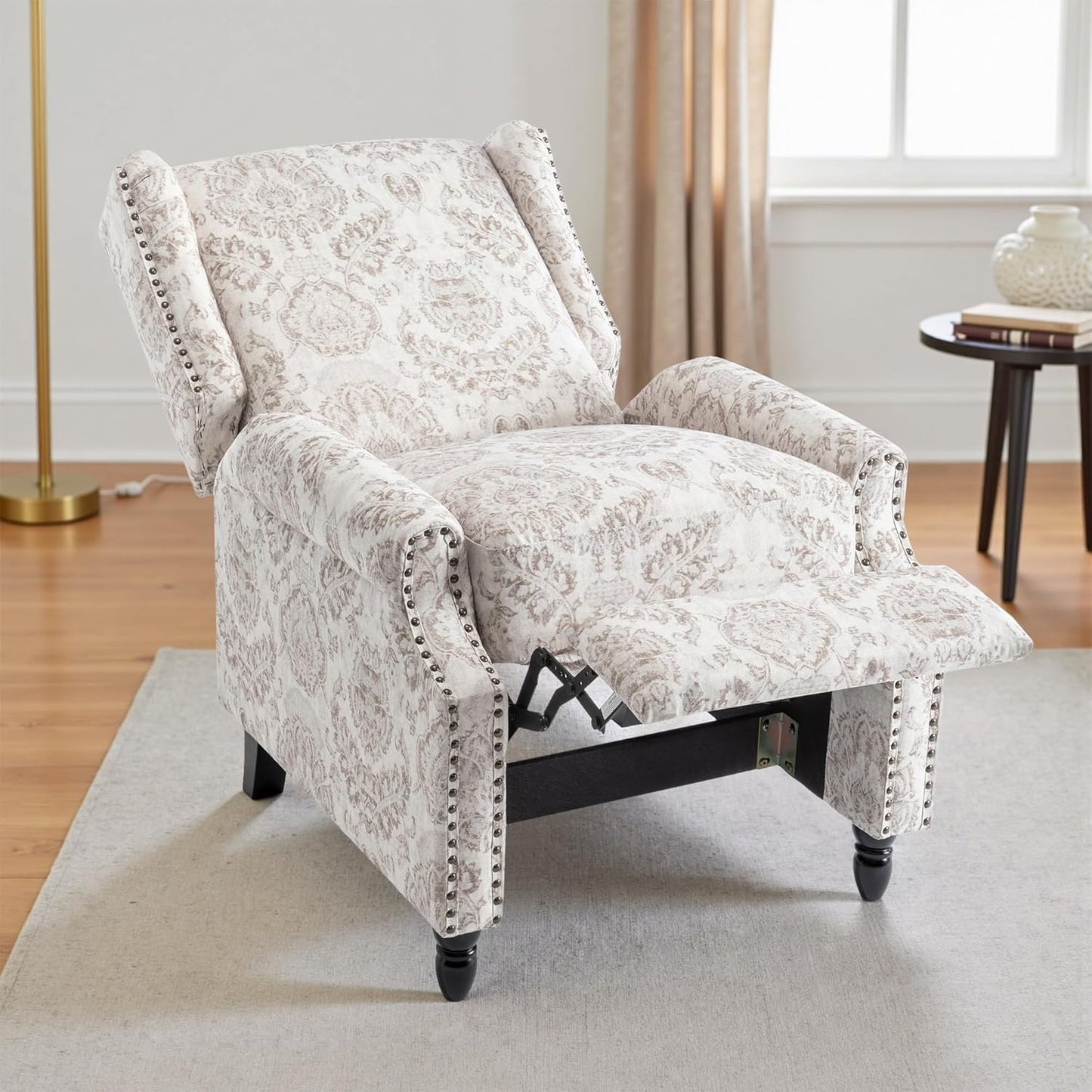 UIXE Recliner Chair, Fabric Upholstered Armchair Pushback Accent Chair for Living Room, Floral Rivet Trim Club Chair Home Theater Single Sofa Reading Seat - Beige Pattern