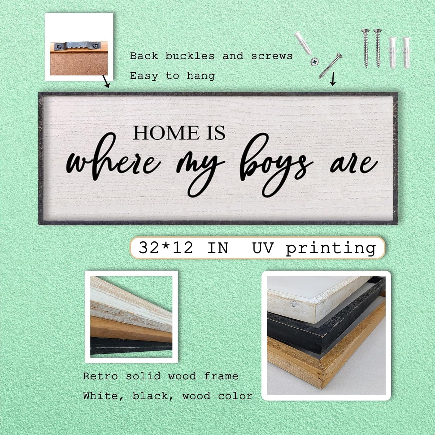 Home Is Where My Boys Are Wall Decor 32"×12" mom and her boys Sign for boys room Playroom Large Wood Framed Wall Hanging Art (Black)