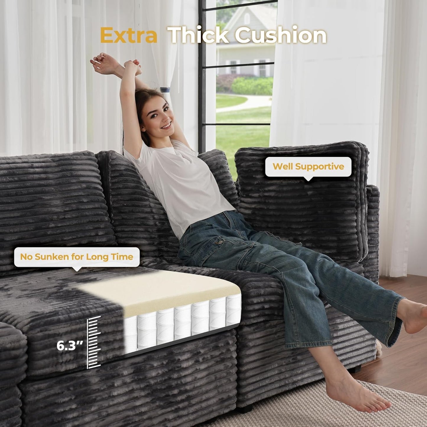 HOOOWOOO Modular Sectional Sofa,5 Pieces Sectional Couches for Living Room,98X55 L Shaped Cloud Couch with Ottoman Chaise Set(Grey Velvet Corduroy)