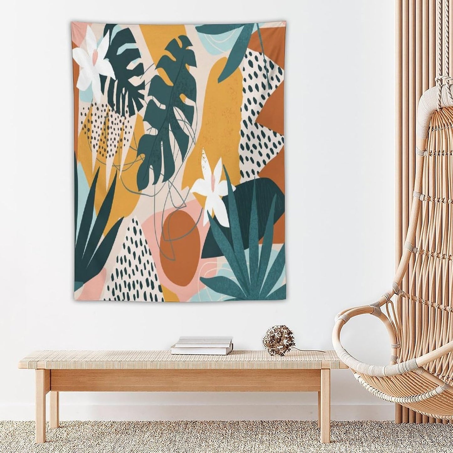 Abstract Bohemian Mid Century Tapestry, Tropical Leaves Modern Geometric Archway Minimalist Bohemian Botanical Aesthetic Wall Hanging, Sage Green Gold Home Decor Art for Bedroom 60x80 Inch