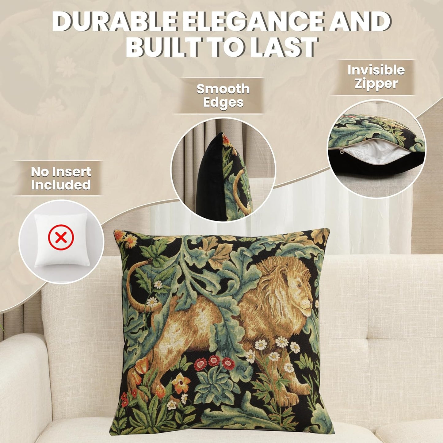 Charlotte Home Furnishings Throw Pillow Covers, Decorative Boho Pillow Covers for Couch, Living Room, Black Lion Square Cushion Cases 18x18 in, European Cotton Jacquard Woven for Cozy Bedroom Decor