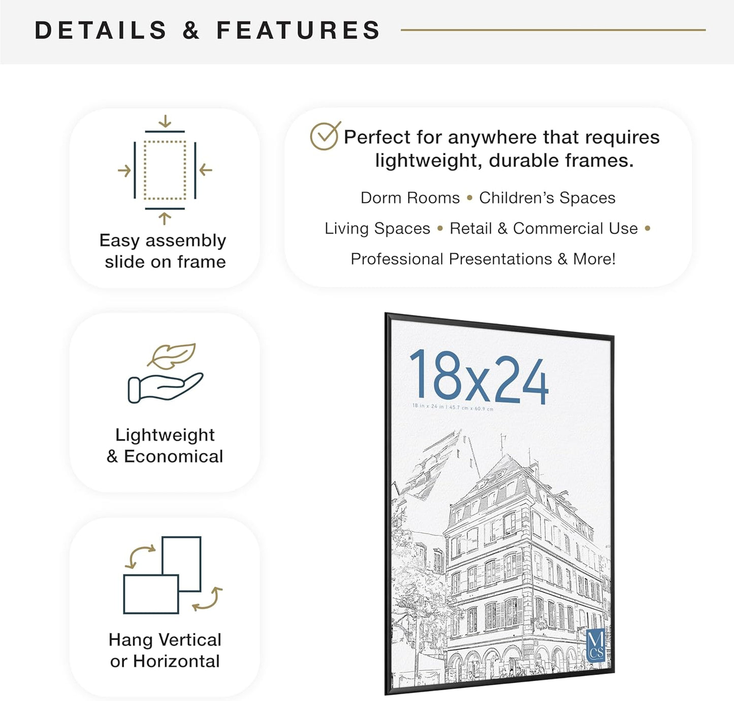 MCS Original Poster Frame 18x24 Black Lightweight Vertical & Horizontal Wall Hanging Large Picture Frame for Posters, Art Prints & Gallery Wall (6-Pack)