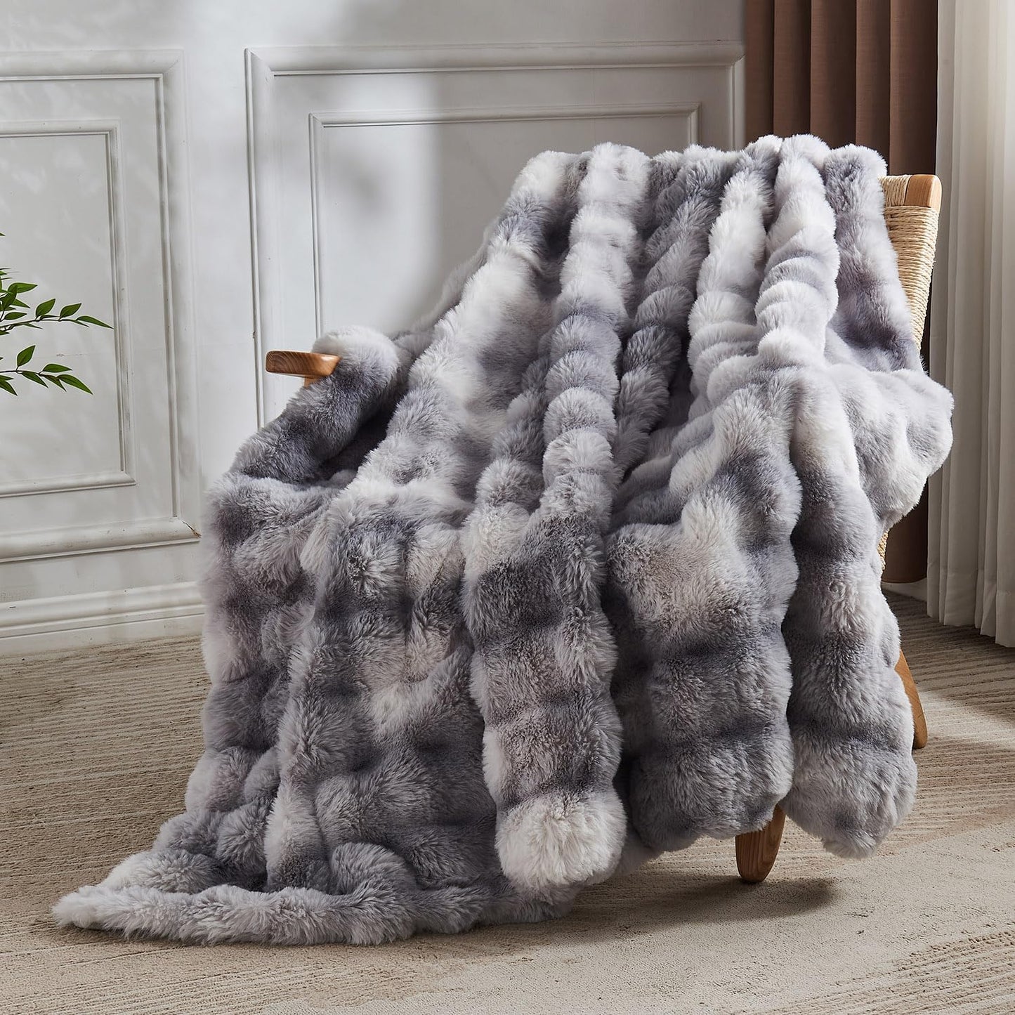 Lotus Karen Faux Fur Throw Blanket - Tie-Dye Gray, Big Bubble Rabbit Fluff, 50x60 Inches
