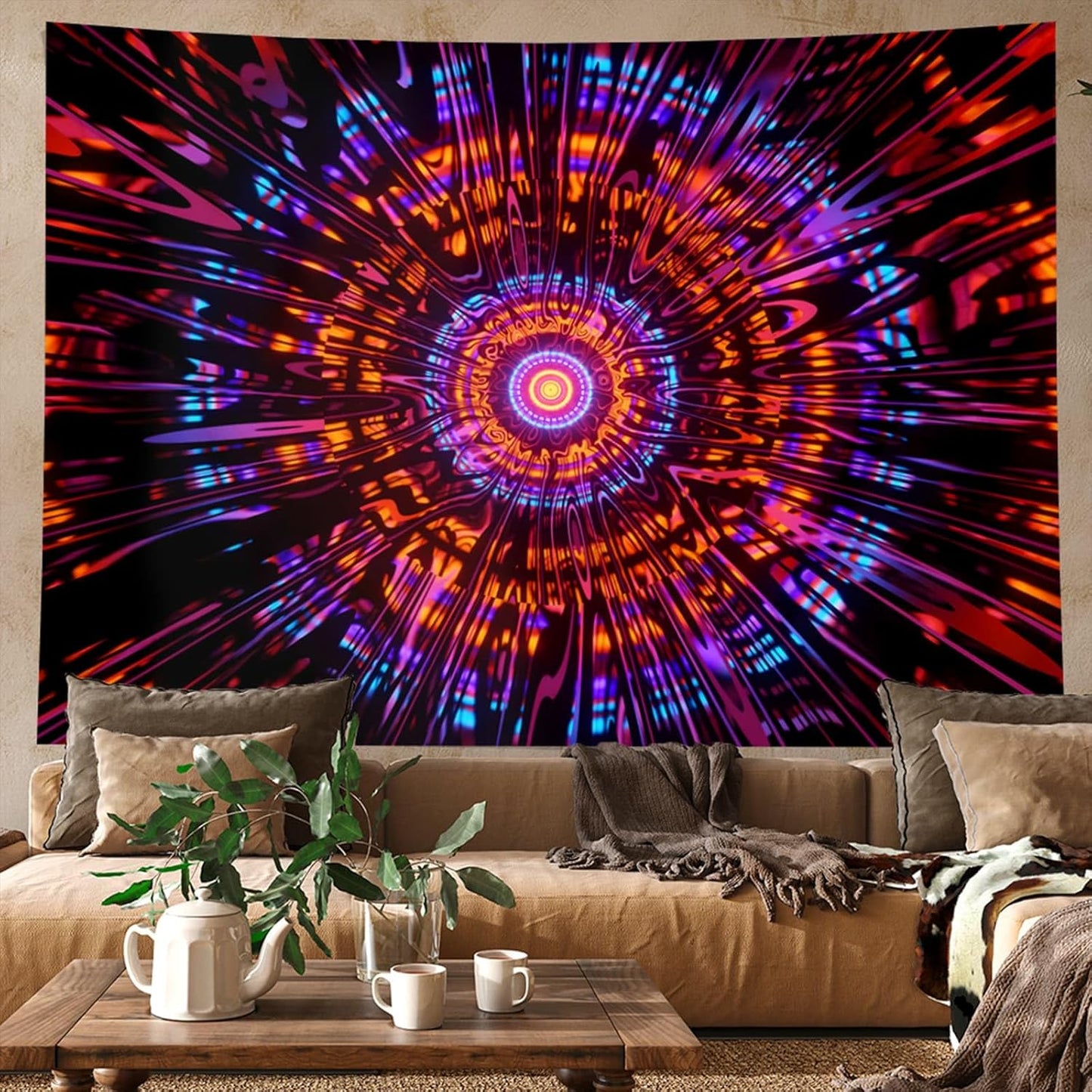 PSYHILAR Blacklight Mandala Tapestry for Bedroom, Psychedelic Black Light Posters for Adults and Teens, Colorful UV Reactive Aesthetic Bohemian Art Wall Hanging Decor Red and Purple (60 x 50 Inches)