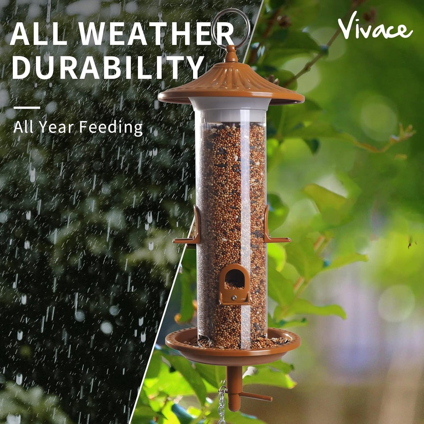 Vivace Hanging Bird Feeders, Easy to Fill 12" Tube Metal Bird Feeder for Outdoors, 4 Ports, with S Hook