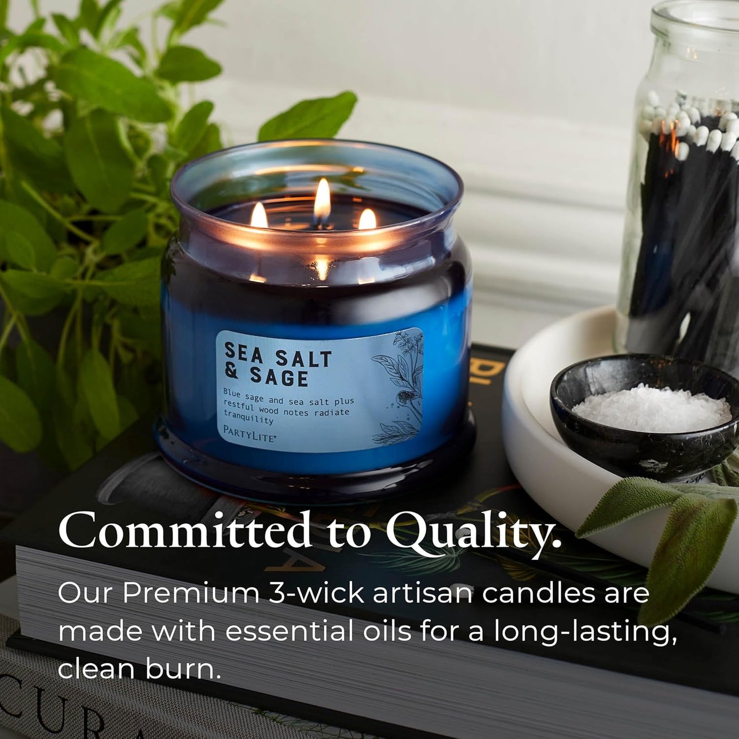 PartyLite Sea Salt & Sage Scented, Notes of Salted Air, Sea-Soaked Sage, Driftwood, Coconut and Sandalwood, 13.2oz 3-Wick Jar Candle, 45 Hour Burn Time, Luxurious Fragrance, Perfect for Gifting