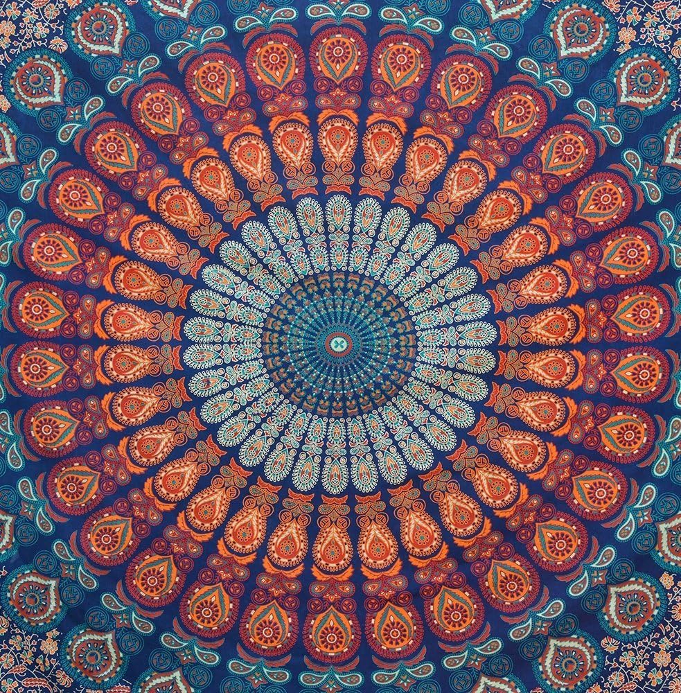 Bless International Handmade Indian hippie Bohemian Psychedelic Peacock Mandala Wall hanging College Dorm Beach Throws Table Cloth Bedding Tapestry (Golden Blue, King(88x104Inches)(225x265Cms))