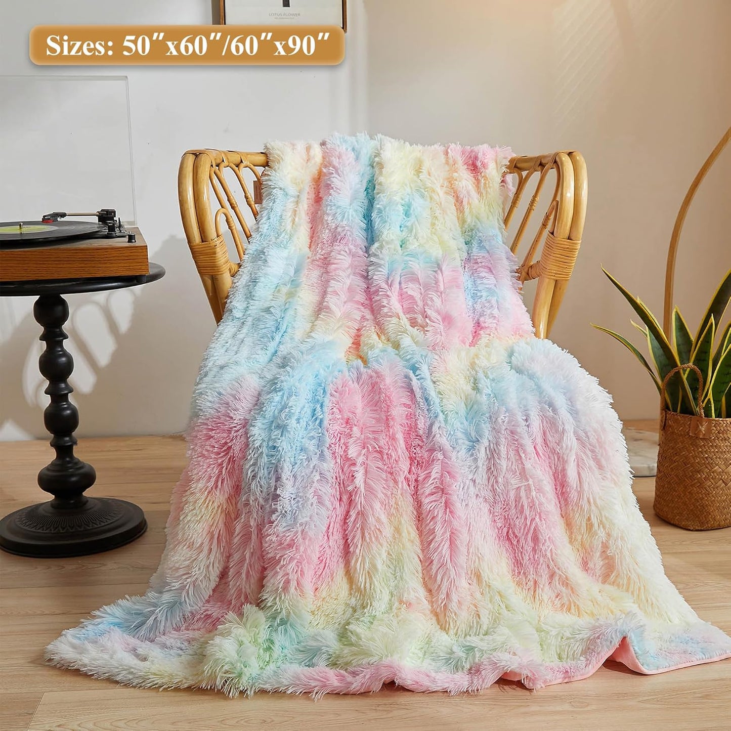 XeGe Plush Faux Fur Rainbow Throw, Tie Dye 50x60 Shaggy Furry Blanket, Fluffy Microfiber Velvet Couch Throw, Soft Colorful Fuzzy Lap Blanket for Girls Teens Women Kid Rainbow Print