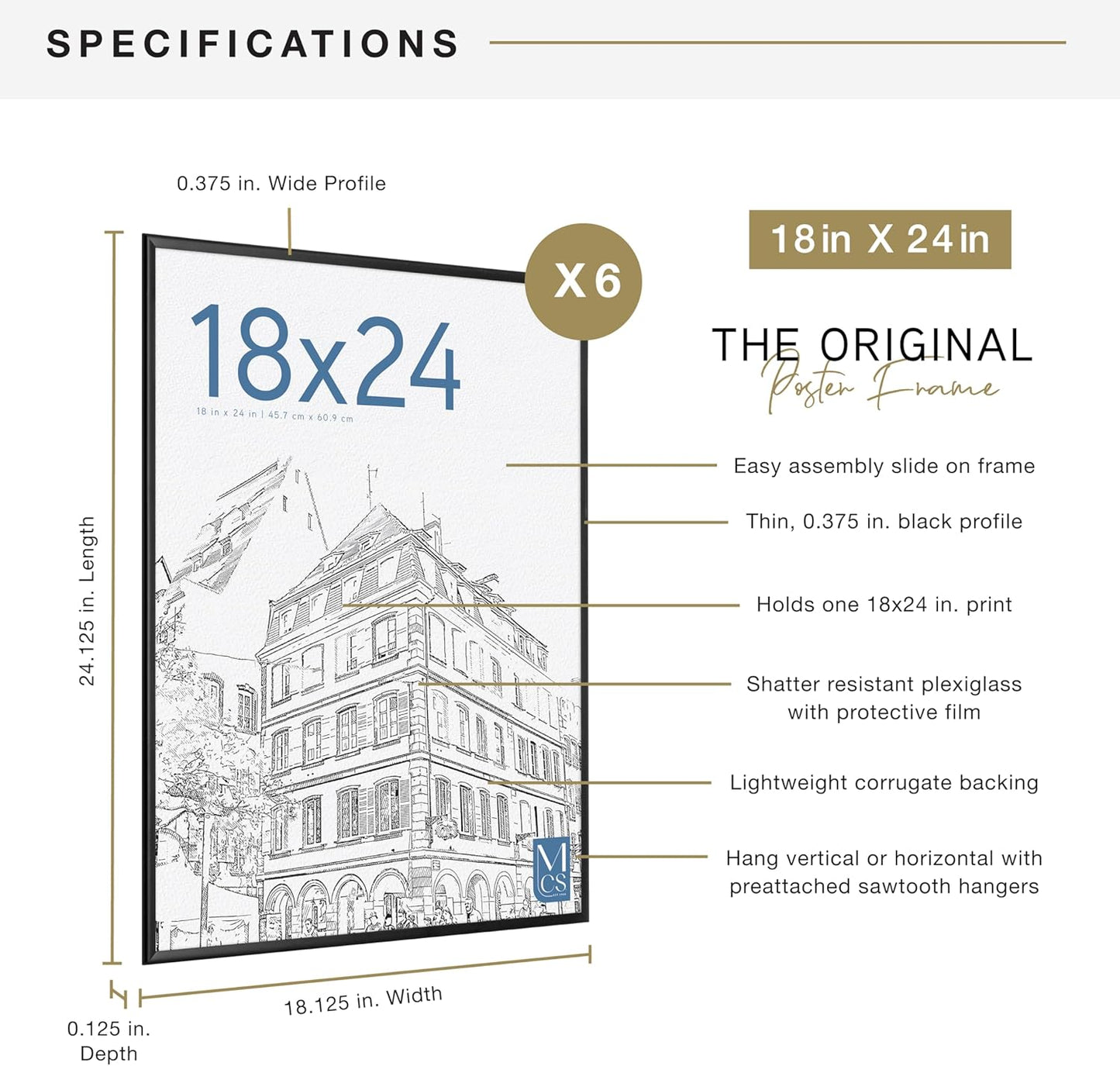 MCS Original Poster Frame 18x24 Black Lightweight Vertical & Horizontal Wall Hanging Large Picture Frame for Posters, Art Prints & Gallery Wall (6-Pack)