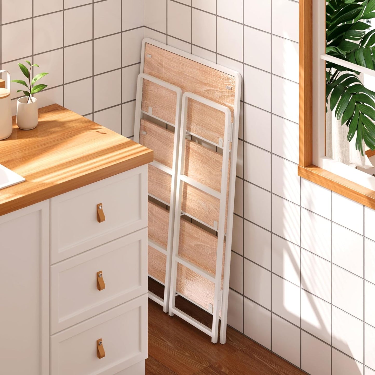 4NM No Assembly Foldable Bookshelf, 3-Shelf Collapsible Bookcase Storage for Small Spaces, 42.1" H, Natural White